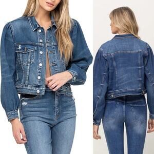 Vervet by Flying Monkey denim balloon puff sleeve trucker denim jacket small‎